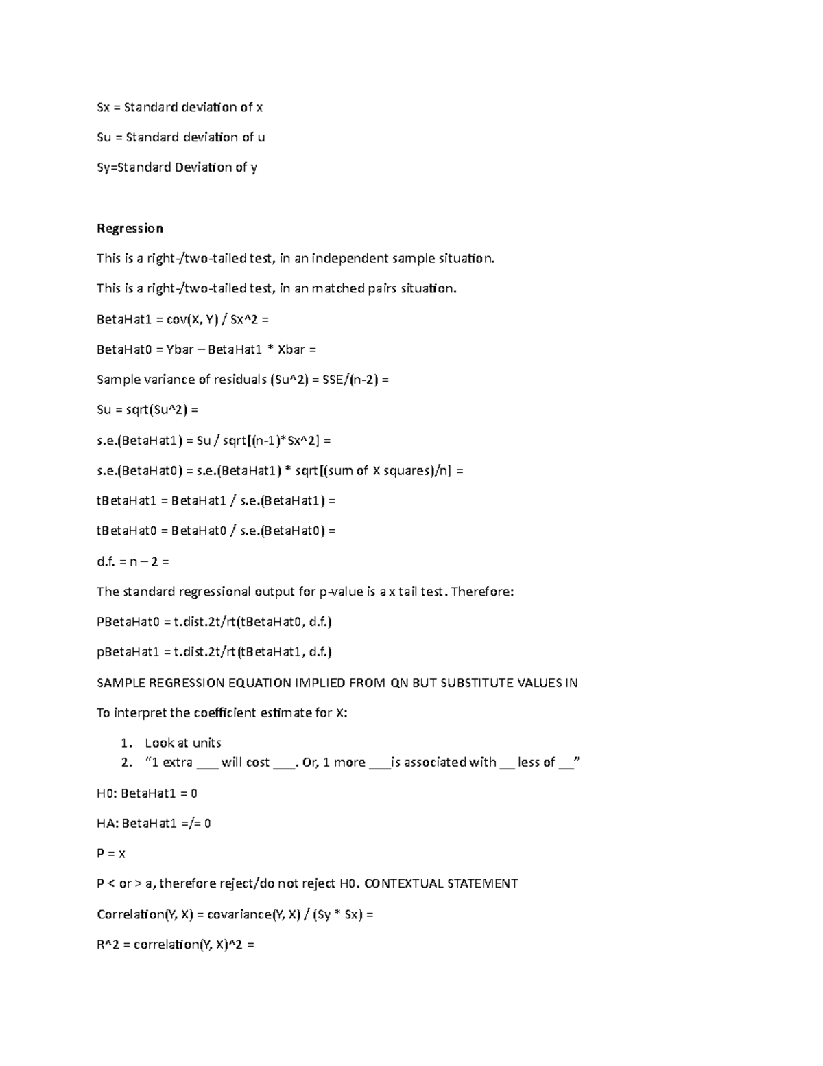 Script QM - Quantitative Methods Notes - Sx = Standard deviation of x ...