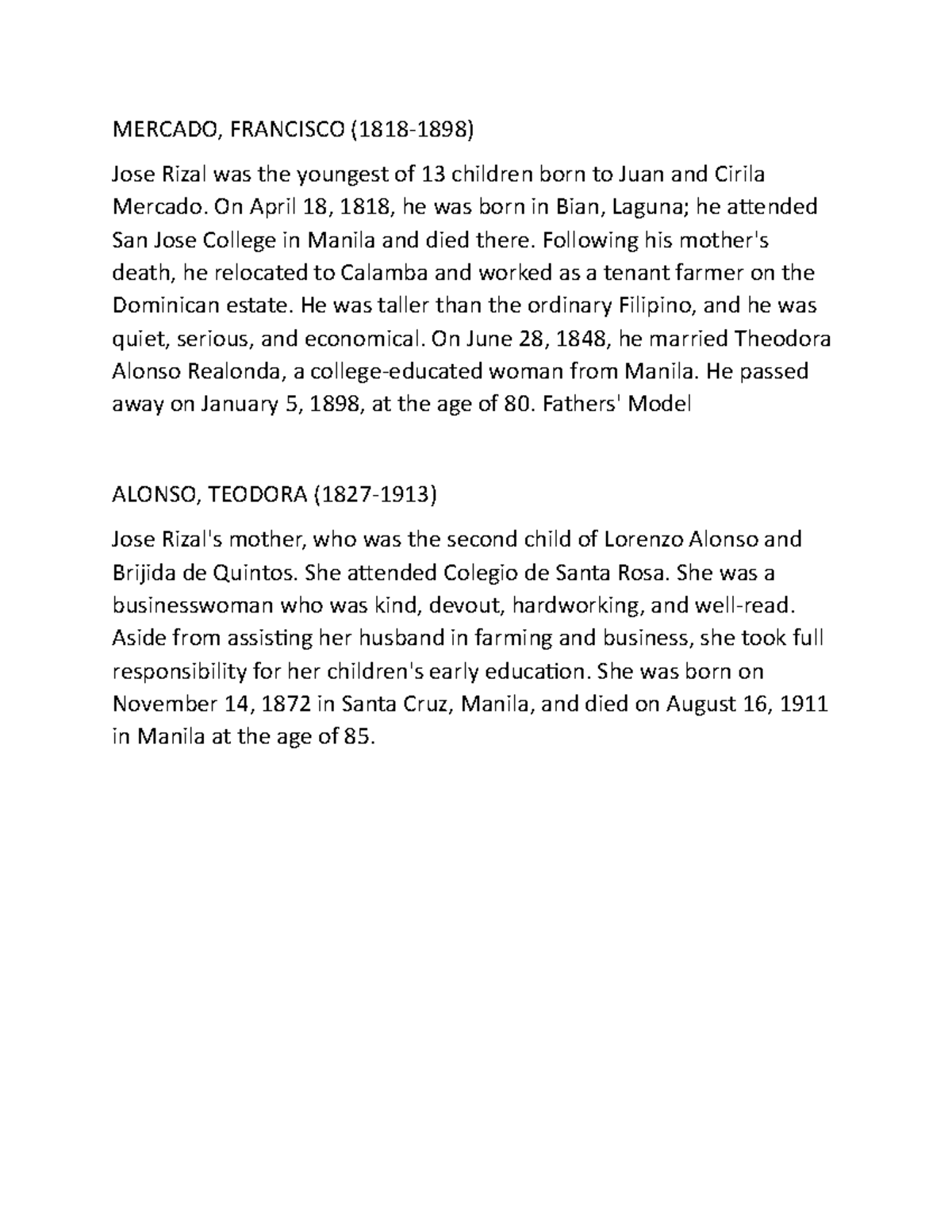 Rizal 987 - MERCADO, FRANCISCO (1818-1898) Jose Rizal was the youngest ...