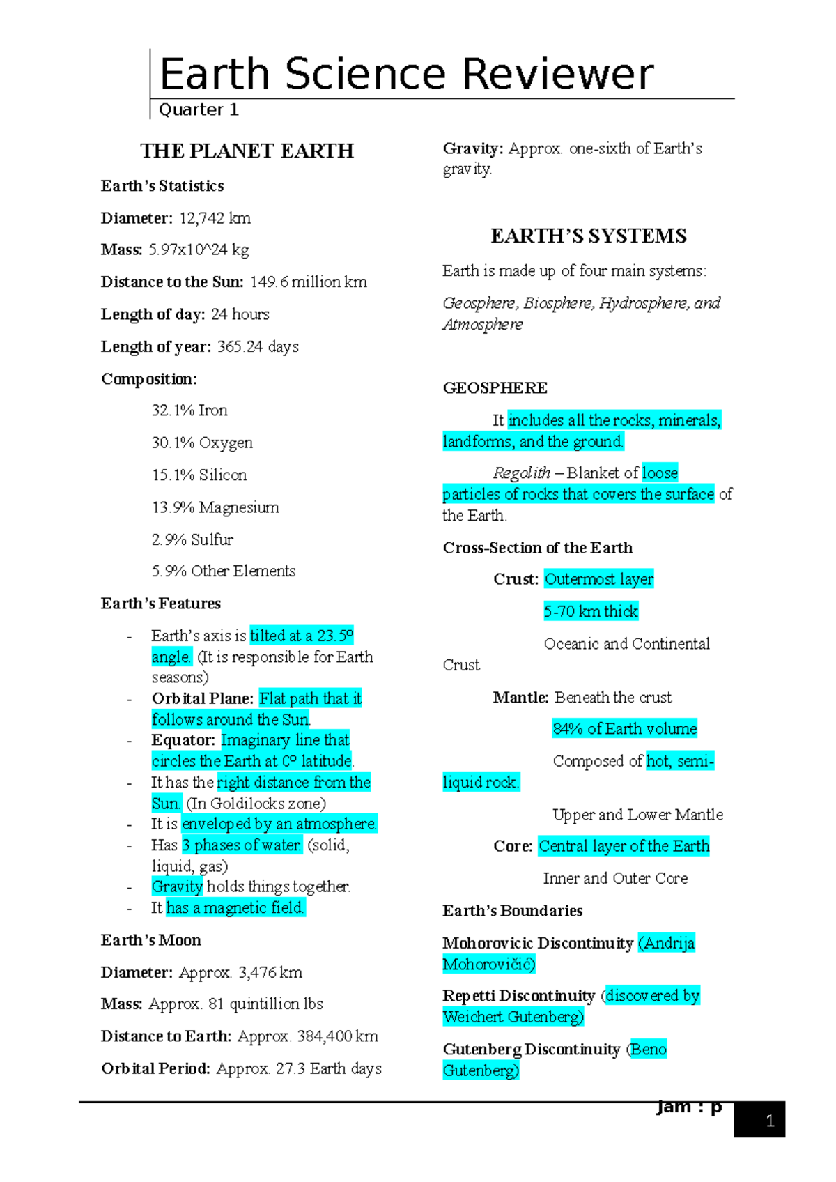 Reviewer for earth science - Jam : p Quarter 1 THE PLANET EARTH Earth’s ...