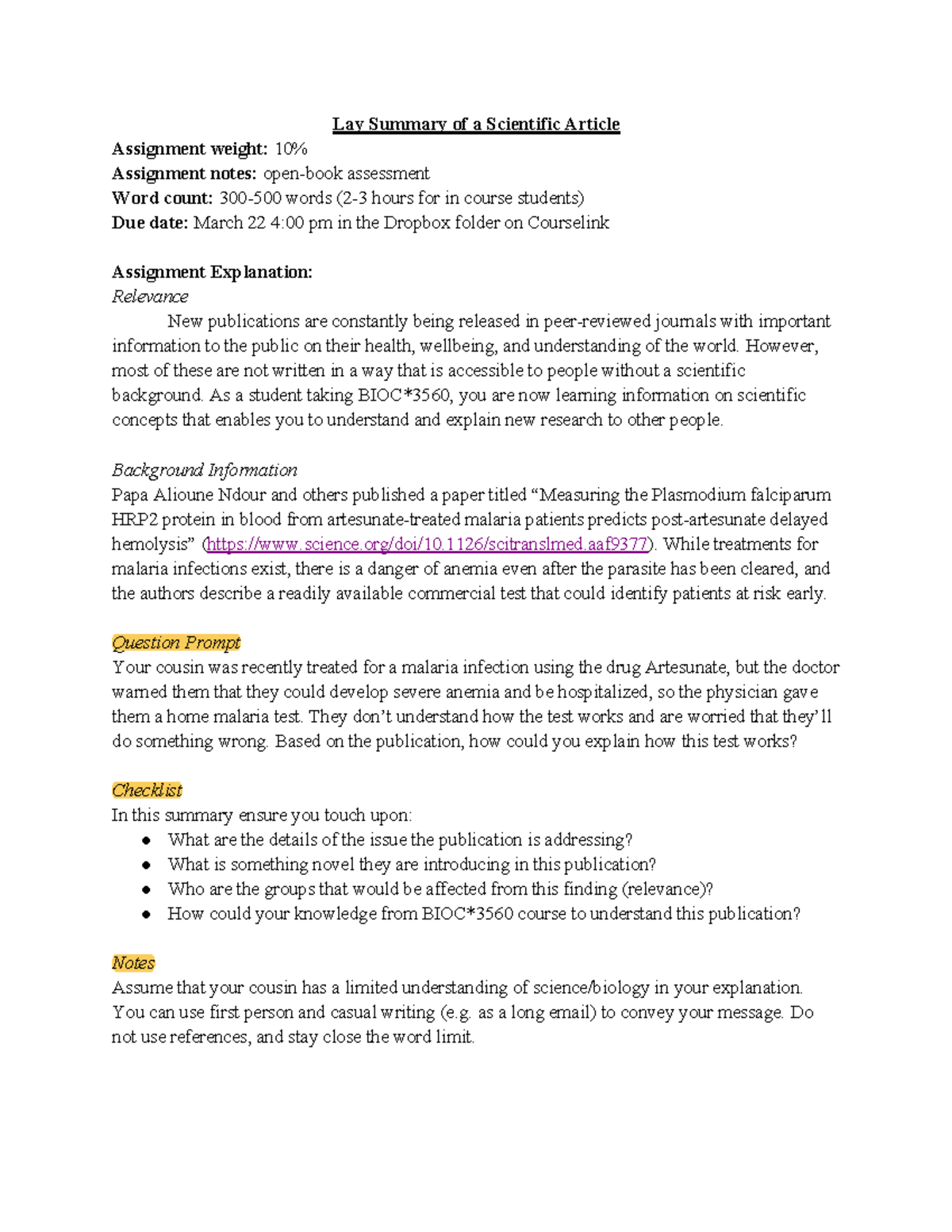 BIOC3560 W24 Lay Summary Instructions - Lay Summary Of A Scientific ...