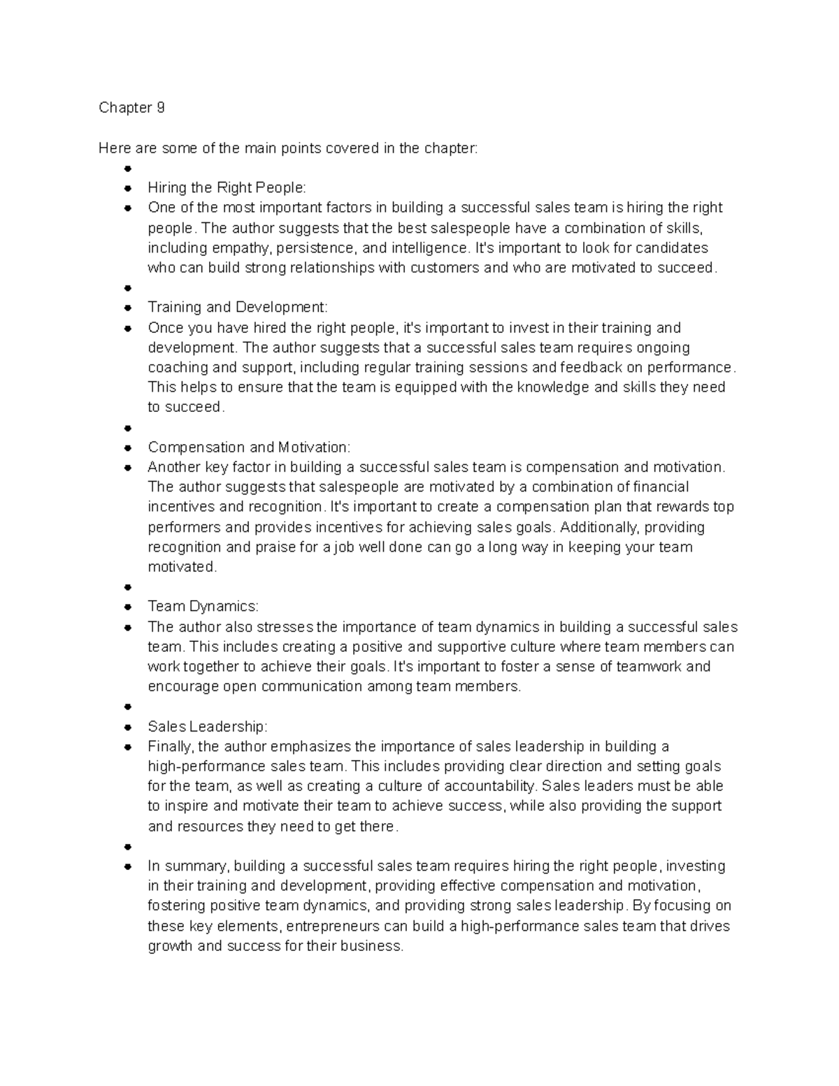 Sales notes 8 Chapter 9 Here are some of the main points covered in