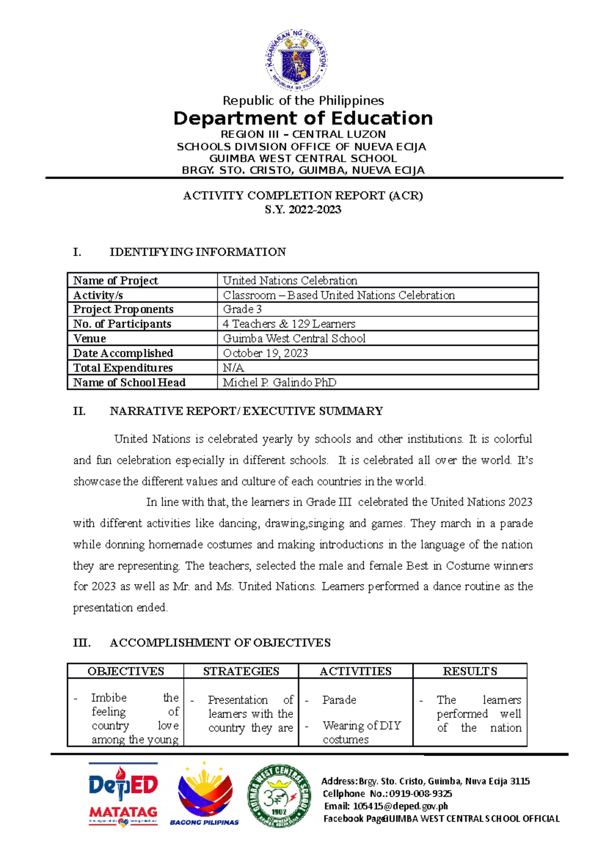 ACR Grade 3 United Nations 2023 - Department of Education REGION III ...