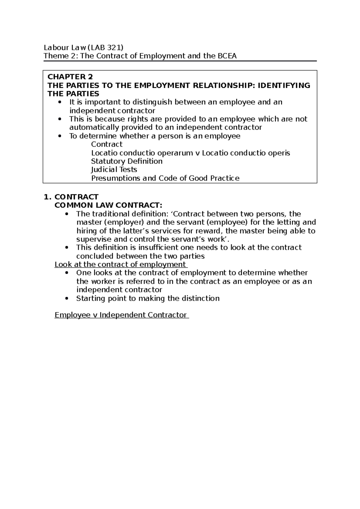 Labour Law Theme 2 Labour Law LAB 321 Theme 2 The Contract Of