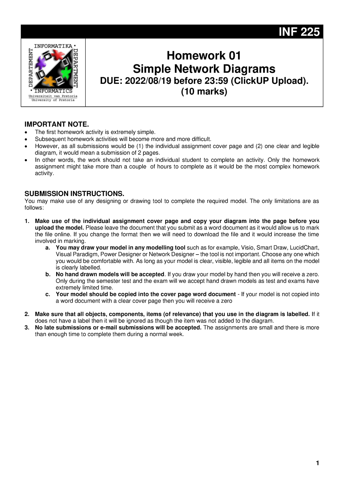 INF 225 Homework 01 - 1 INF 225 Homework 01 Simple Network Diagrams DUE ...