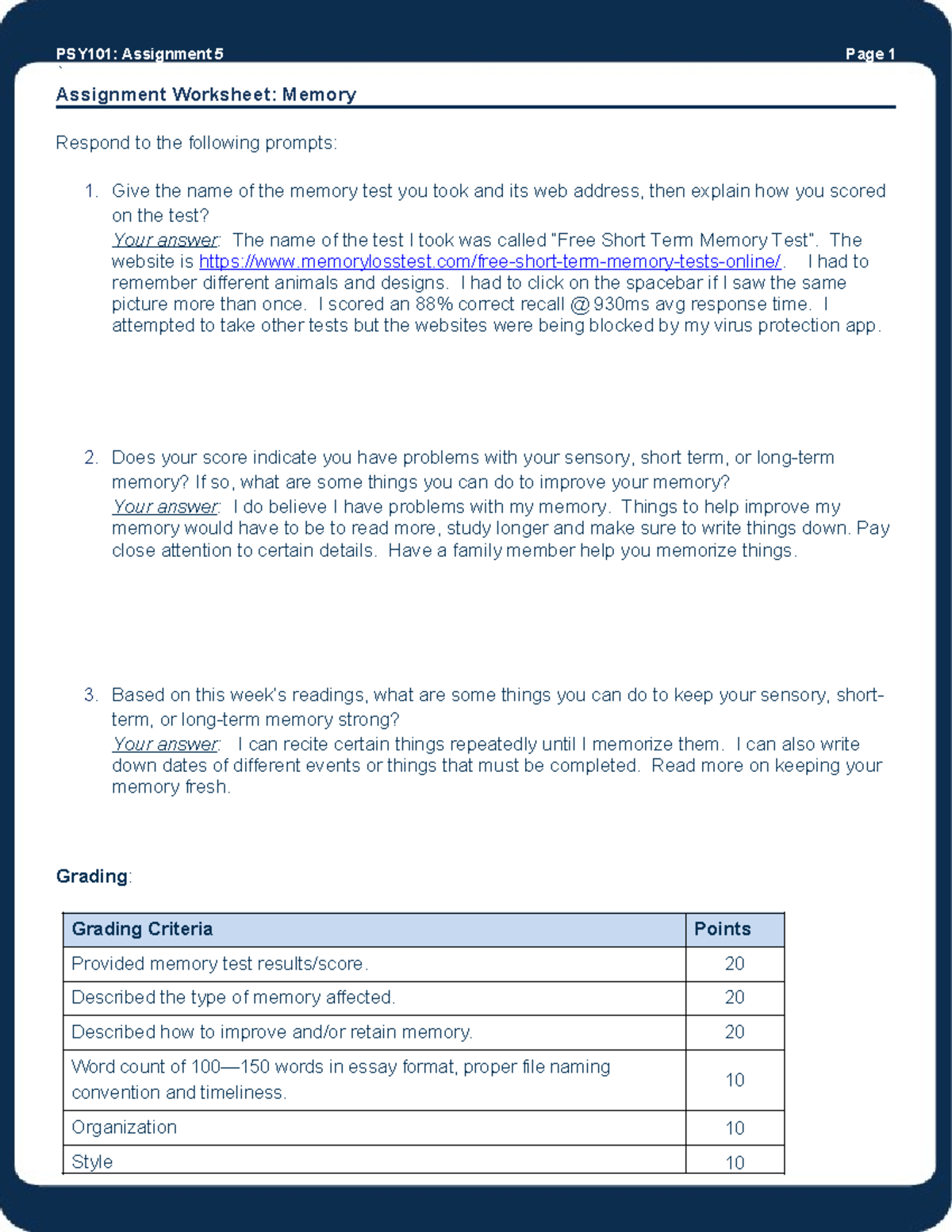 PSY101H wk5 assn - Psychology - PSY101: Assignment 5 Page 1 ...