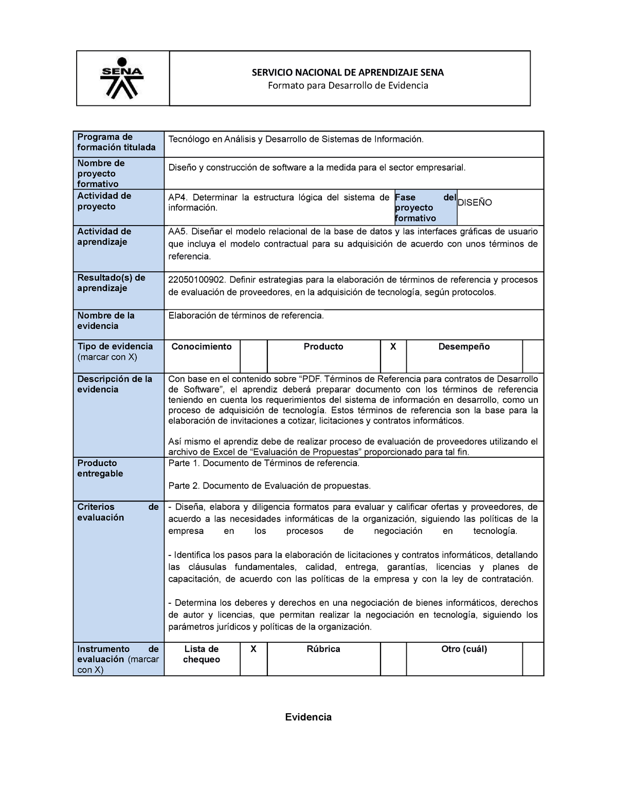 AP04 AA5 EV04 Elaboracion Terminos Referencia - Formato para Desarrollo de  Evidencia Programa de - Studocu