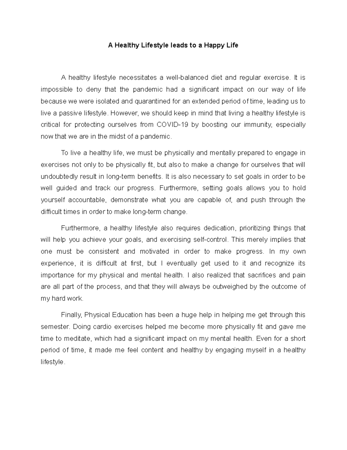 A Healthy Lifestyle Leads to a Happy Life Essay - A Healthy Lifestyle ...