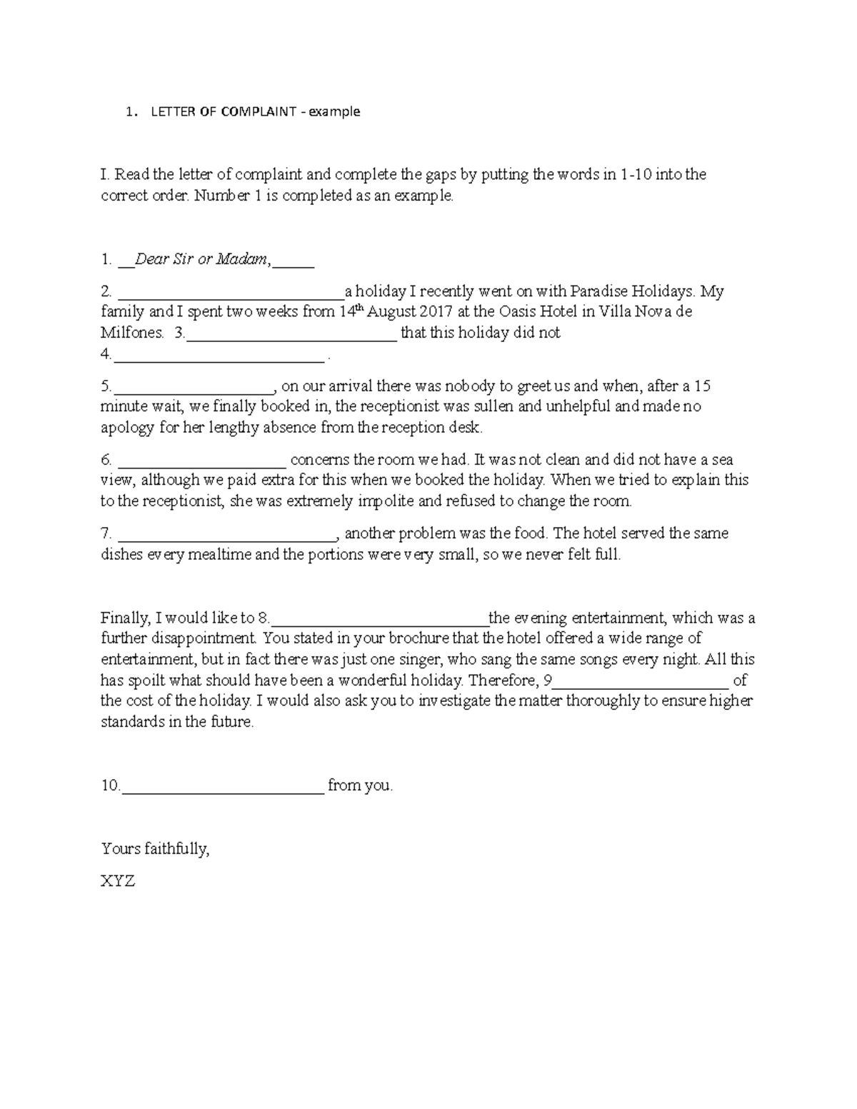 Letter Of Complaint - Letter Of Complaint - Example I. Read The Letter 