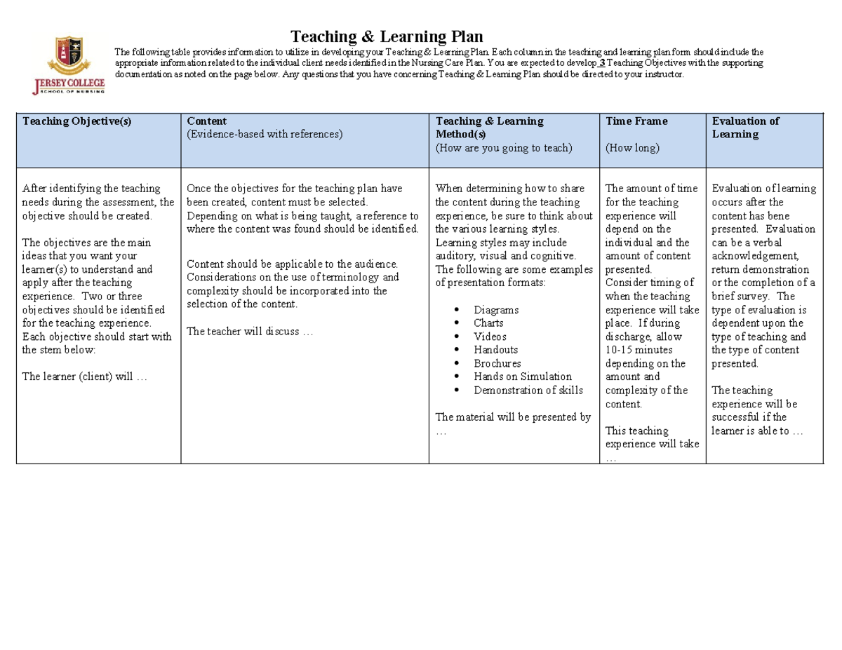 Teaching plan maternity - Teaching & Learning Plan The following table ...