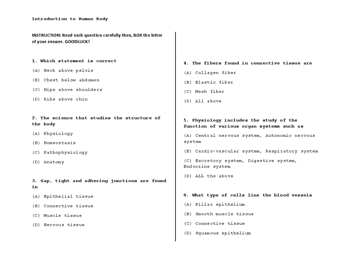 Intro to Human Body Multiple choice quiz INSTRUCTION Read each