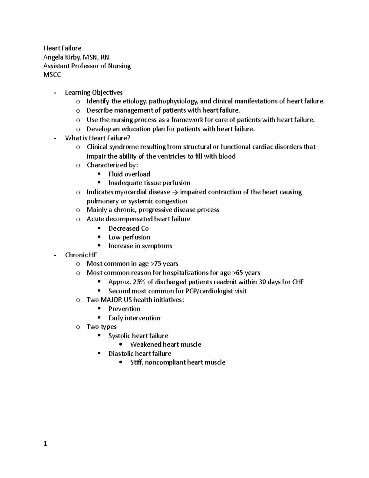 Pp5 outline - Nursing Cardiac - Heart Failure Angela Kirby, MSN, RN ...