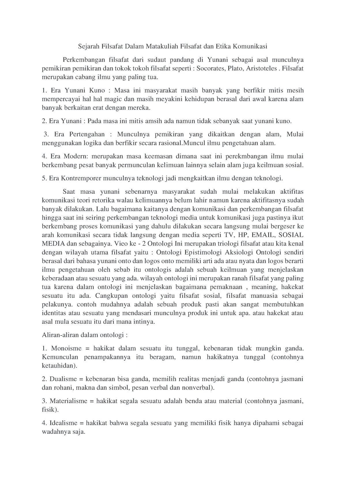 Resume Sejarah Filsafat (Filsafat Dan Etika Komunikasi) - Sejarah ...