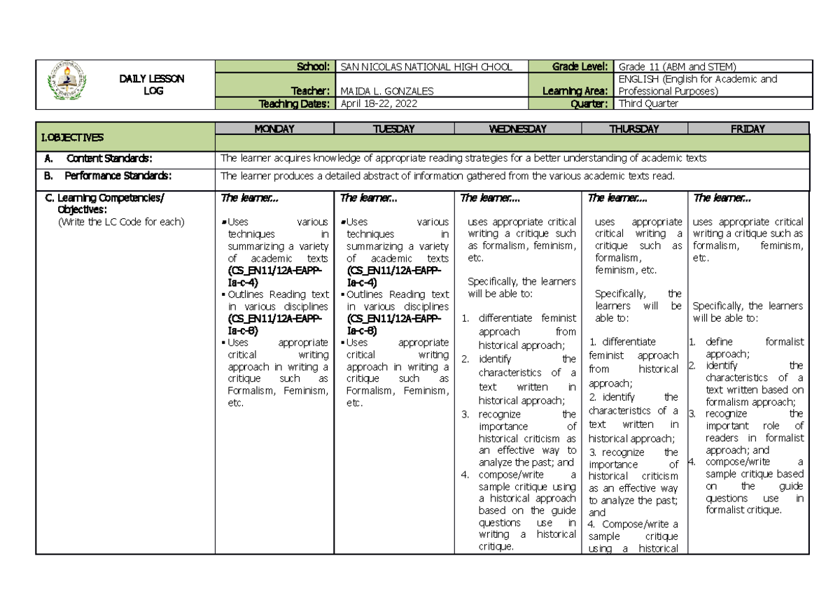 Daily Lesson in EAPP 11 April 18 - 22, 2022 Maida L. Gonzales - DAILY ...