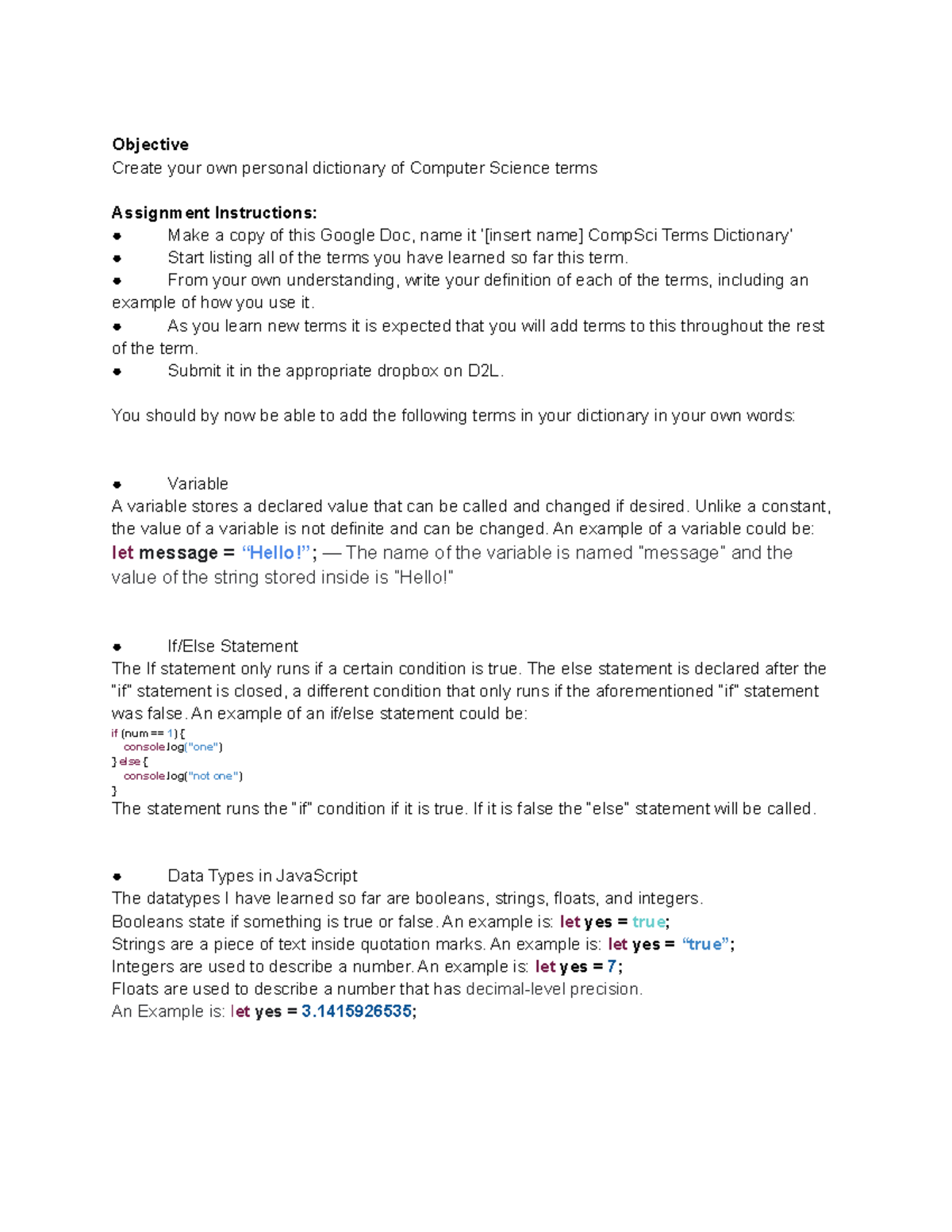CompSci Terms Dictionary Objective Create your own personal