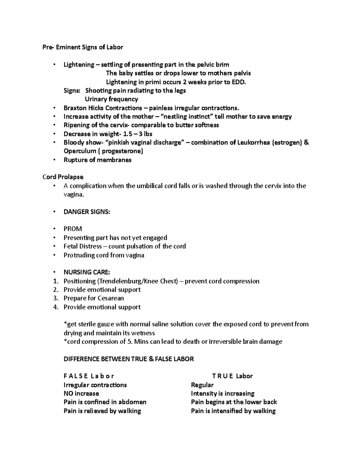 Maternal and child handout lecture - Pre- Eminent Signs of Labor ...