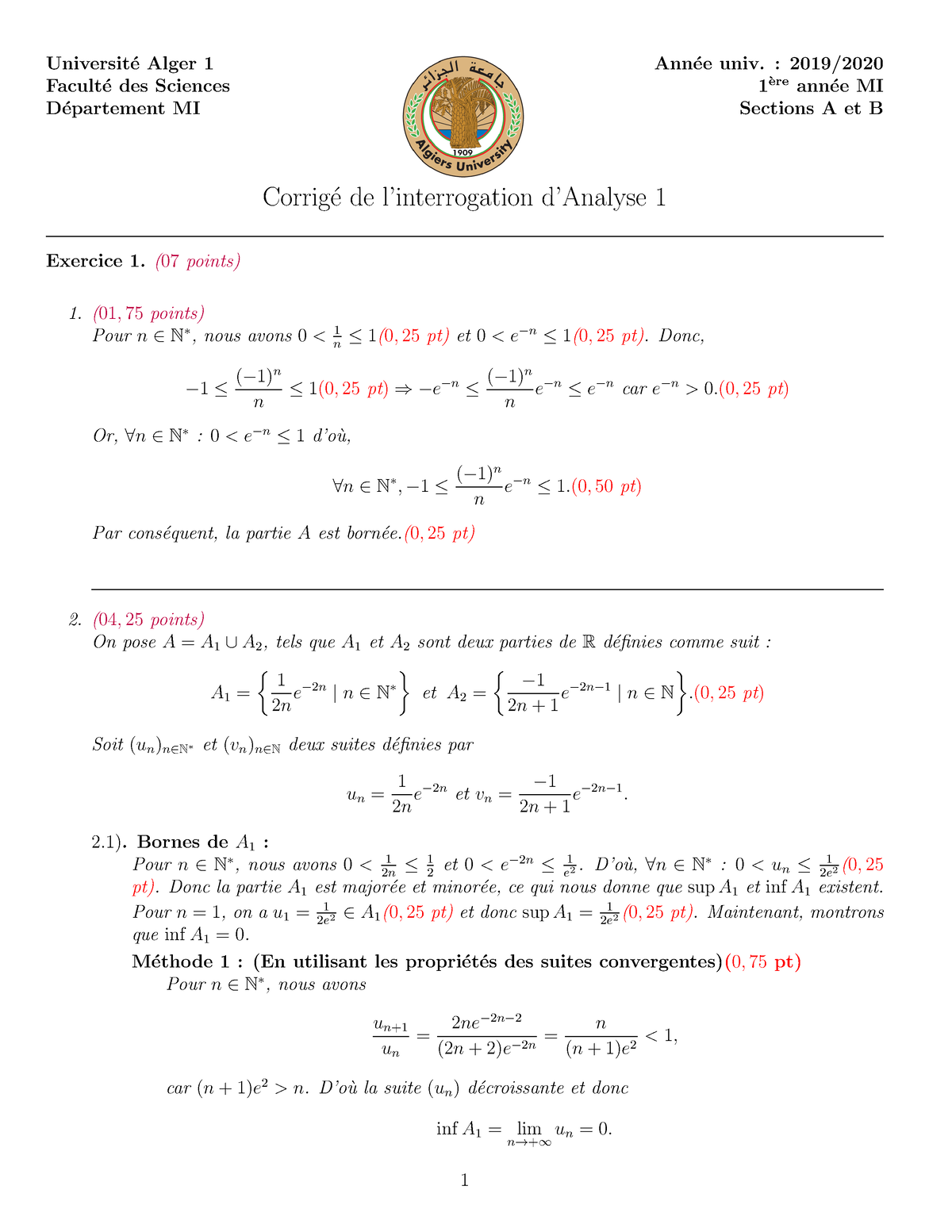 Corr Test1 2019 2020 - Universit ́e Alger 1 Facult ́e Des Sciences D ...