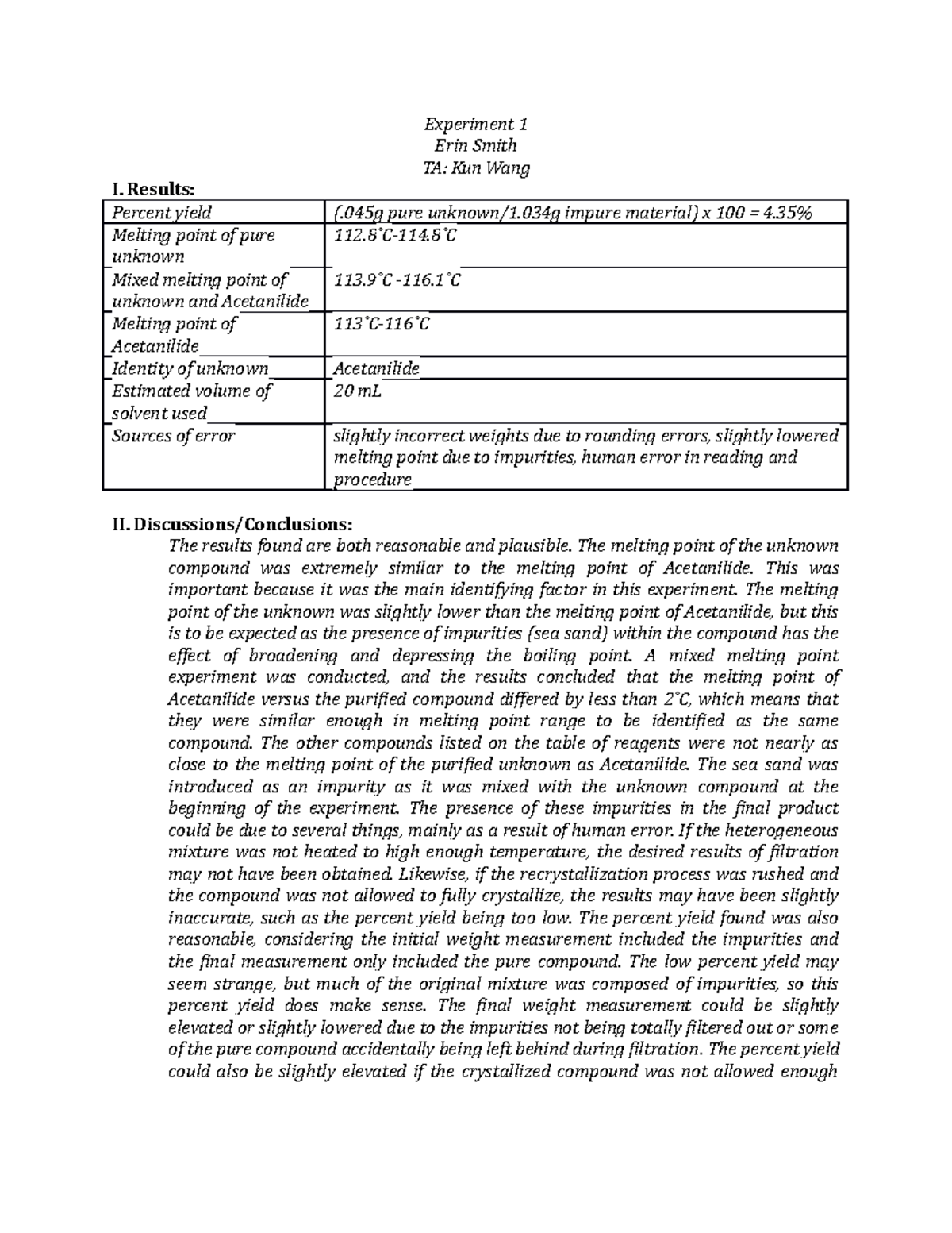 Experiment 1 Post Lab - Previous Lab Report - Experiment 1 Erin Smith ...
