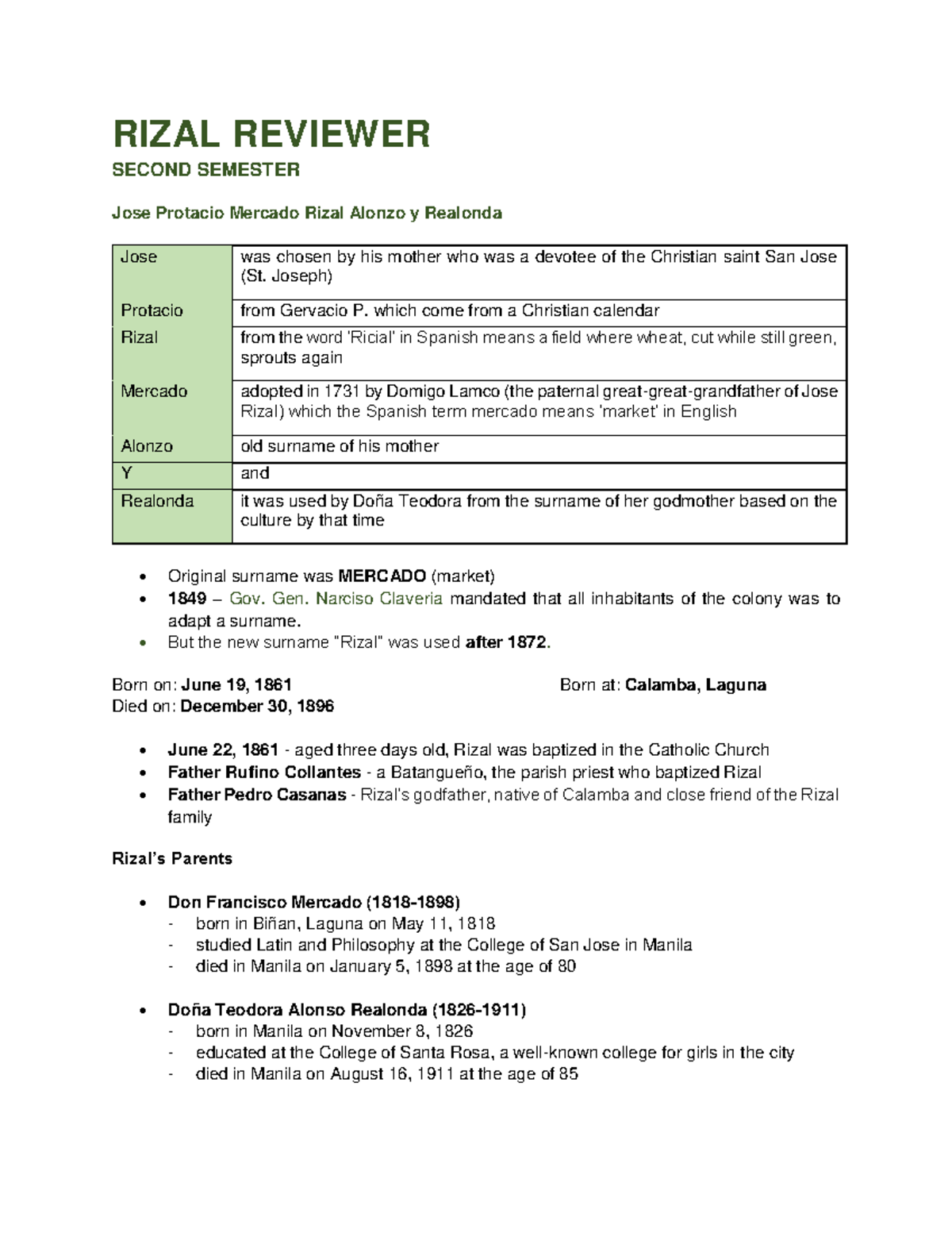 Rizal Reviewer - RIZAL REVIEWER SECOND SEMESTER Jose Protacio Mercado ...