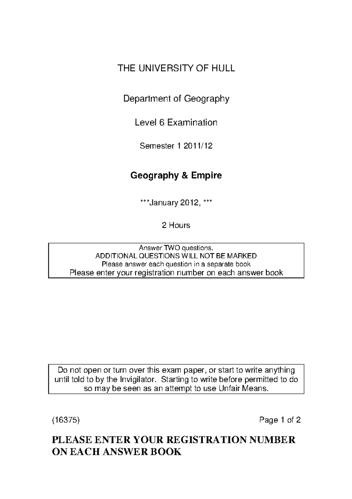 Geography and empire Exam 2012 THE UNIVERSITY OF HULL Department of