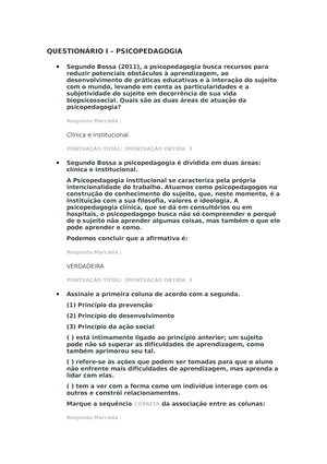 27. Questionário I – Psicopedagogia - QUESTIONÁRIO I – PSICOPEDAGOGIA ...