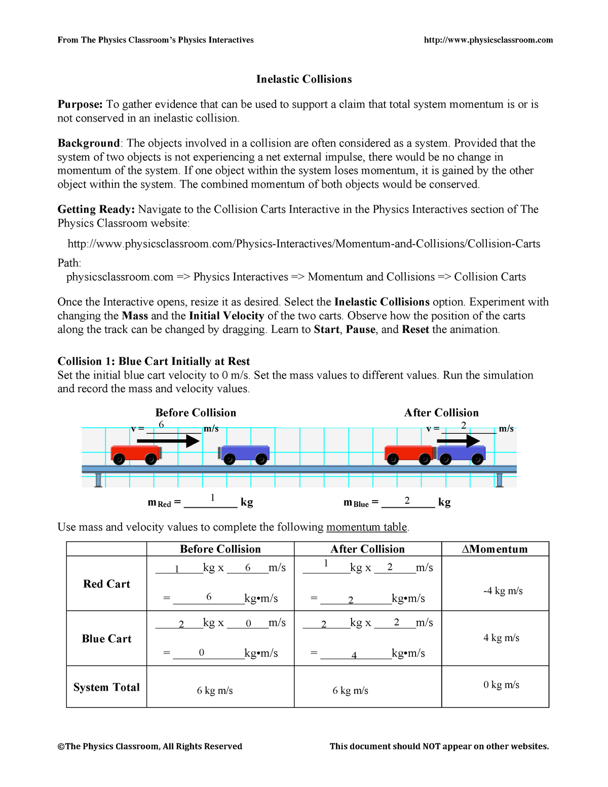 Inelastic Collisions Physics Classroom - From The Physics Within Momentum And Collisions Worksheet Answers
