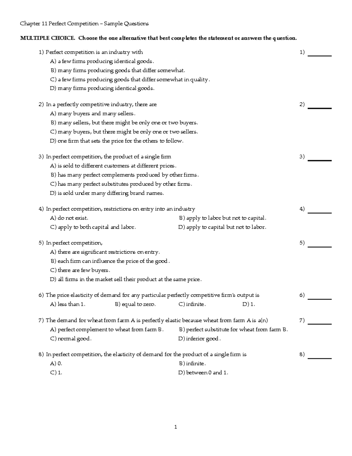 Chapter 11 Economic Questions - Chapter 11 Perfect Competition - Sample ...