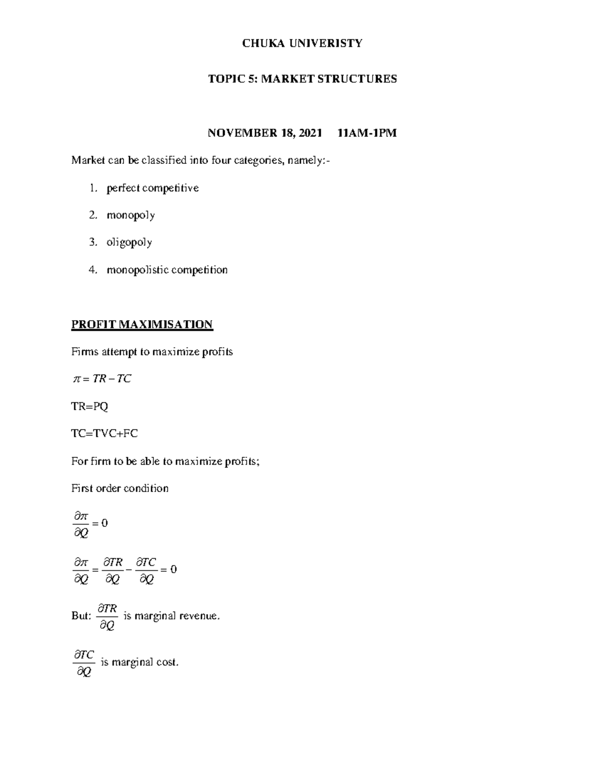 Topic 5- Market Structures - TOPIC 5: MARKET STRUCTURES NOVEMBER 18 ...