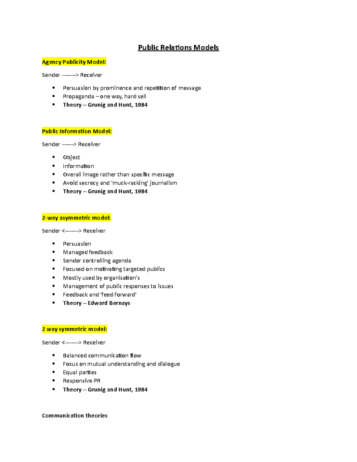 PR Models Lecture notes 1 Public Relations Models Agency Publicity