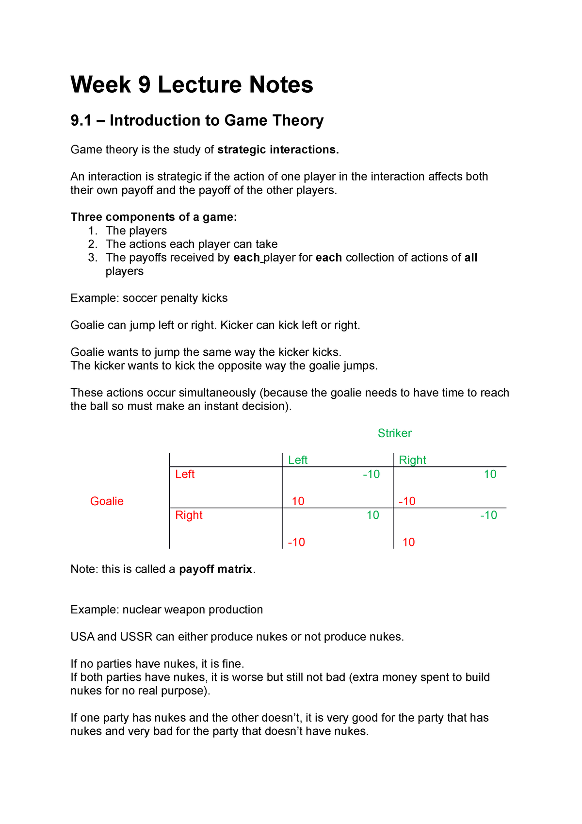 Week 9 Lecture Notes - Game Theory - ECON1101 - ANU - Studocu