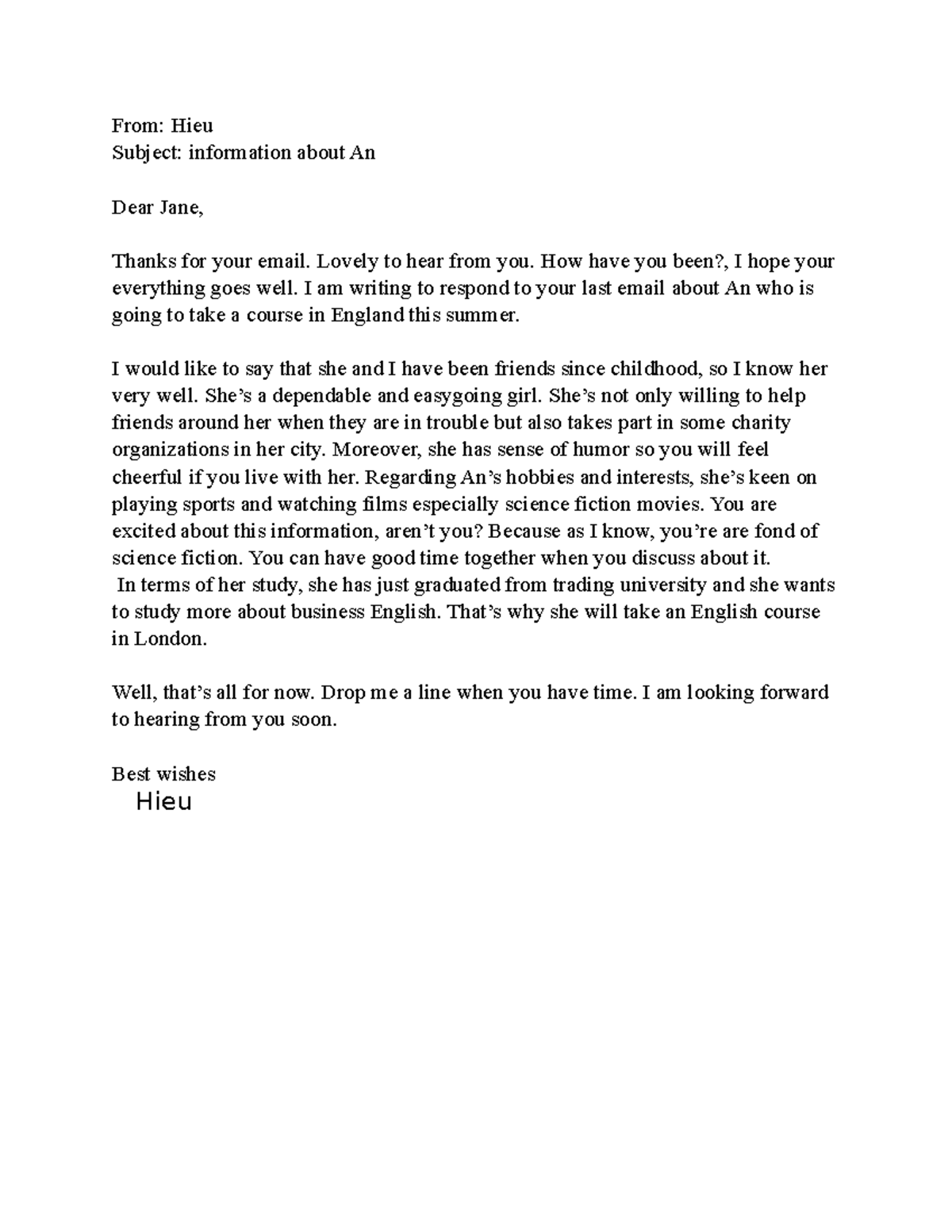 Viết mail - Practice writing emails - From: Hieu Subject: information ...