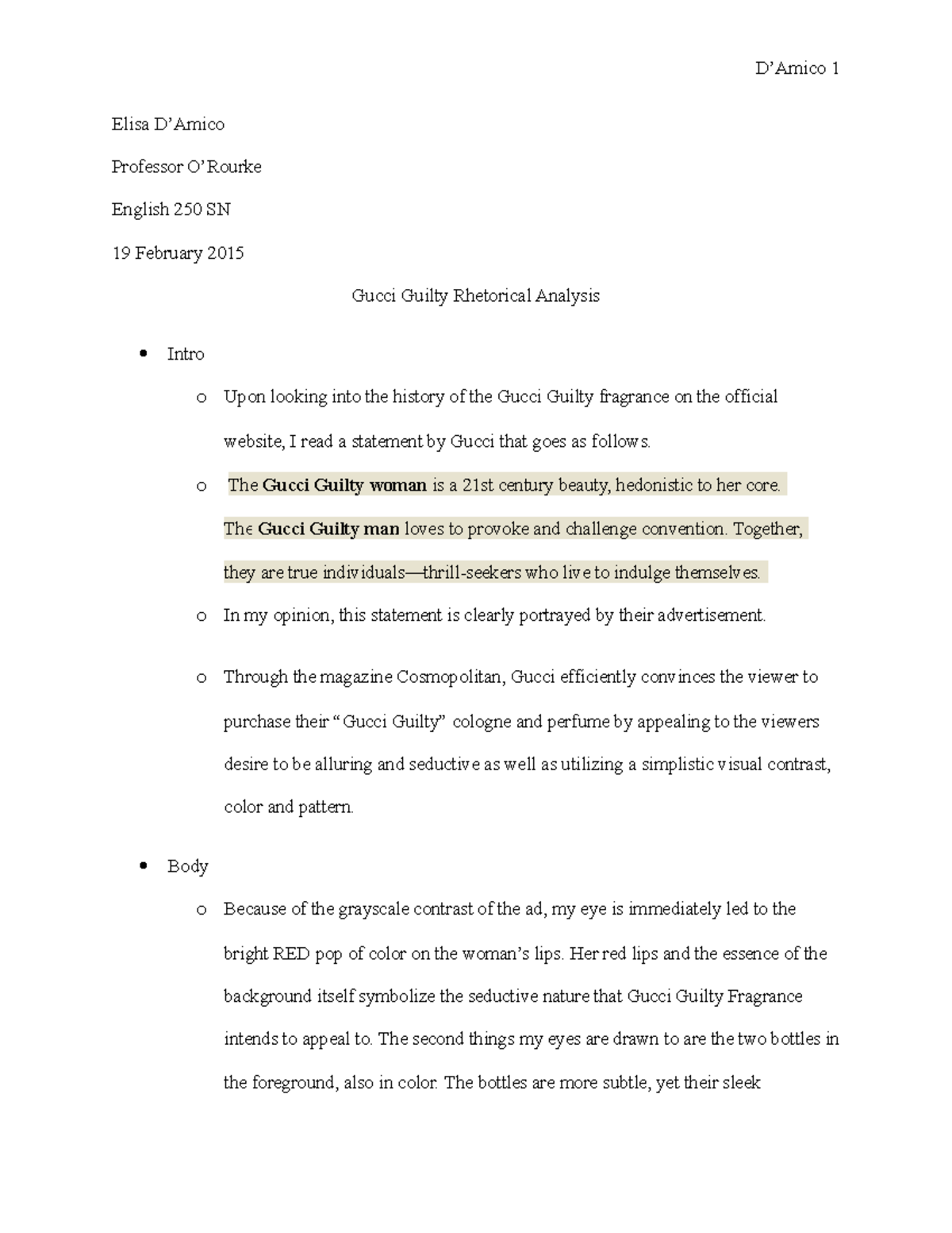 Visual Rhetorical Analysis Outline - 1 Elisa Professor English 250 SN ...