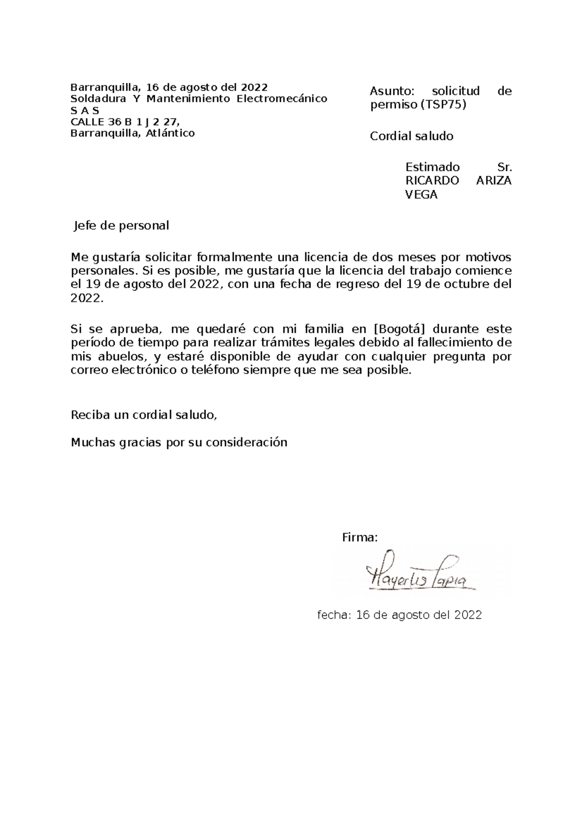 Modelo Carta Ausencia Laboral Mayee Asunto Solicitud De Permiso My 7632