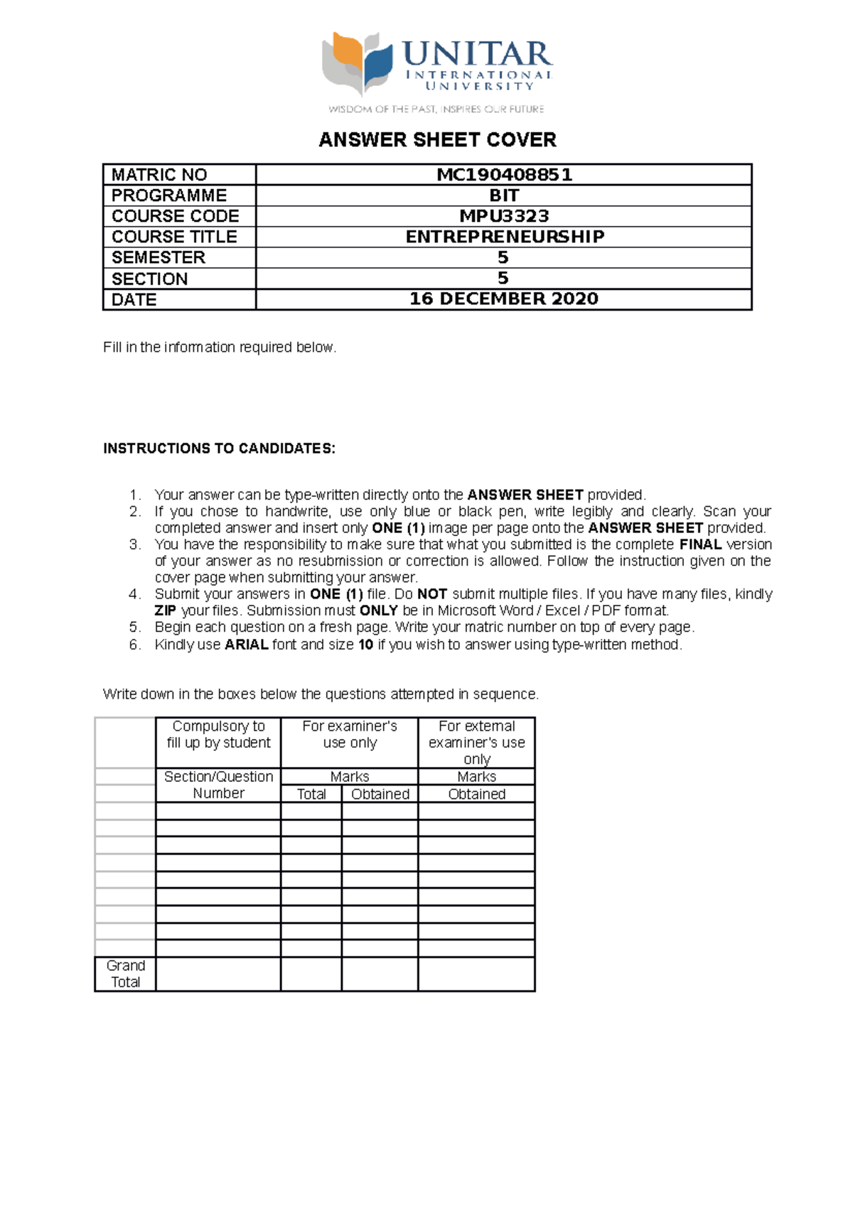 MC190408851 MPU3323-Entrepreneurship - ANSWER SHEET COVER MATRIC NO MC ...