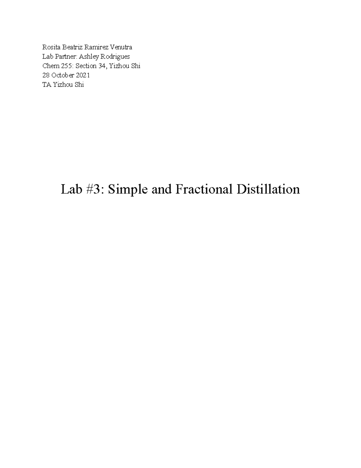 Simple and Fractional Distillation Lab Report Rosita Beatriz Ramirez