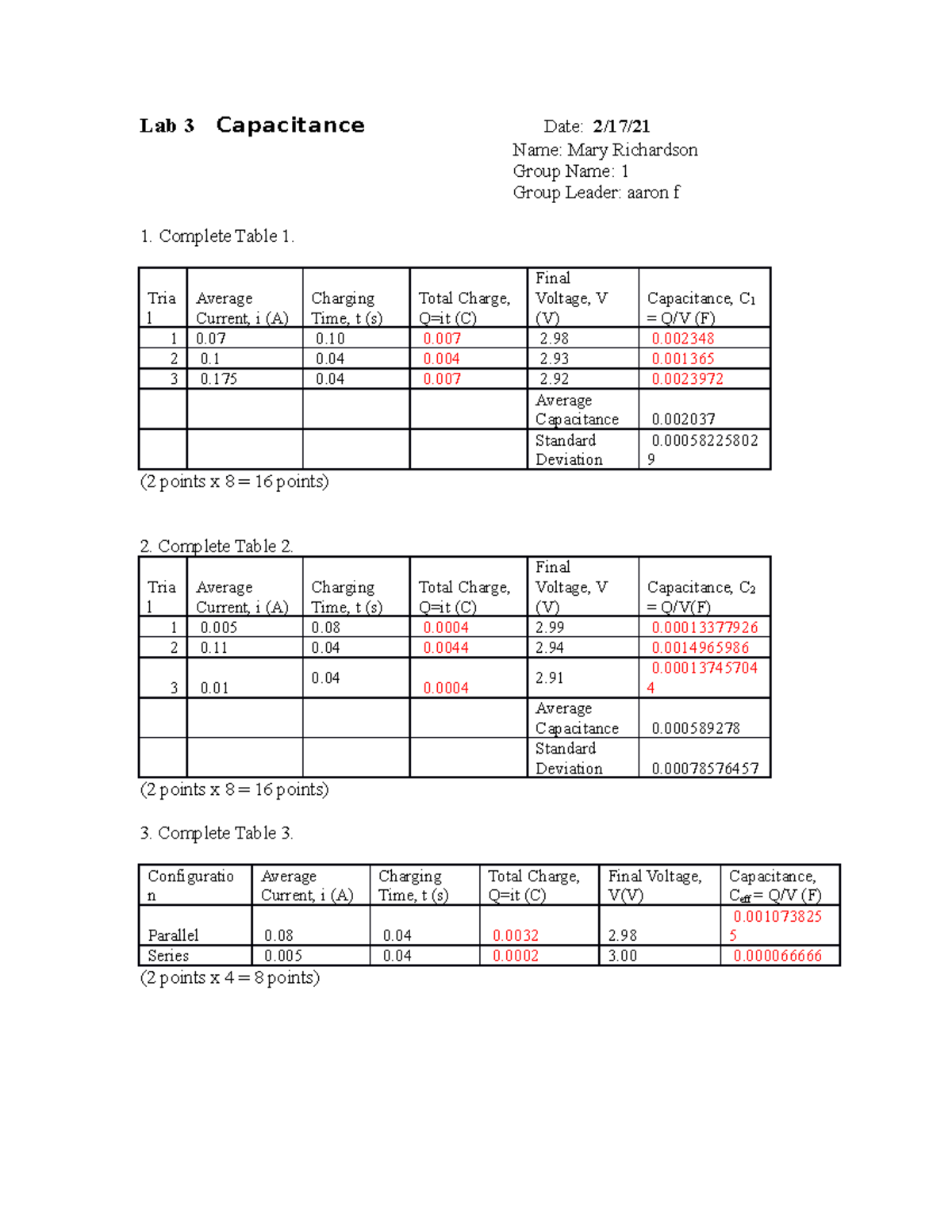 Lab Report 3 Capacitance Lab 3 Capacitance Date 2/17/ Name Mary