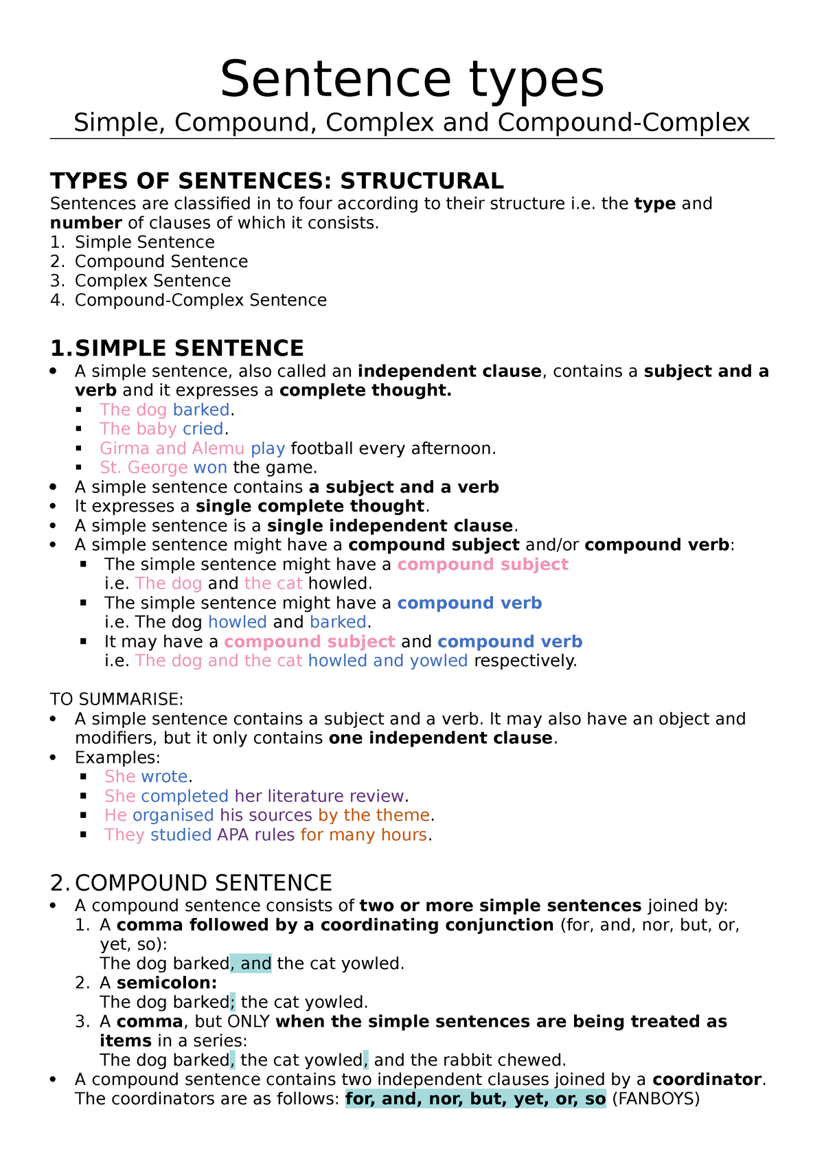 Sentence types notes - Sentence types Simple, Compound, Complex and ...