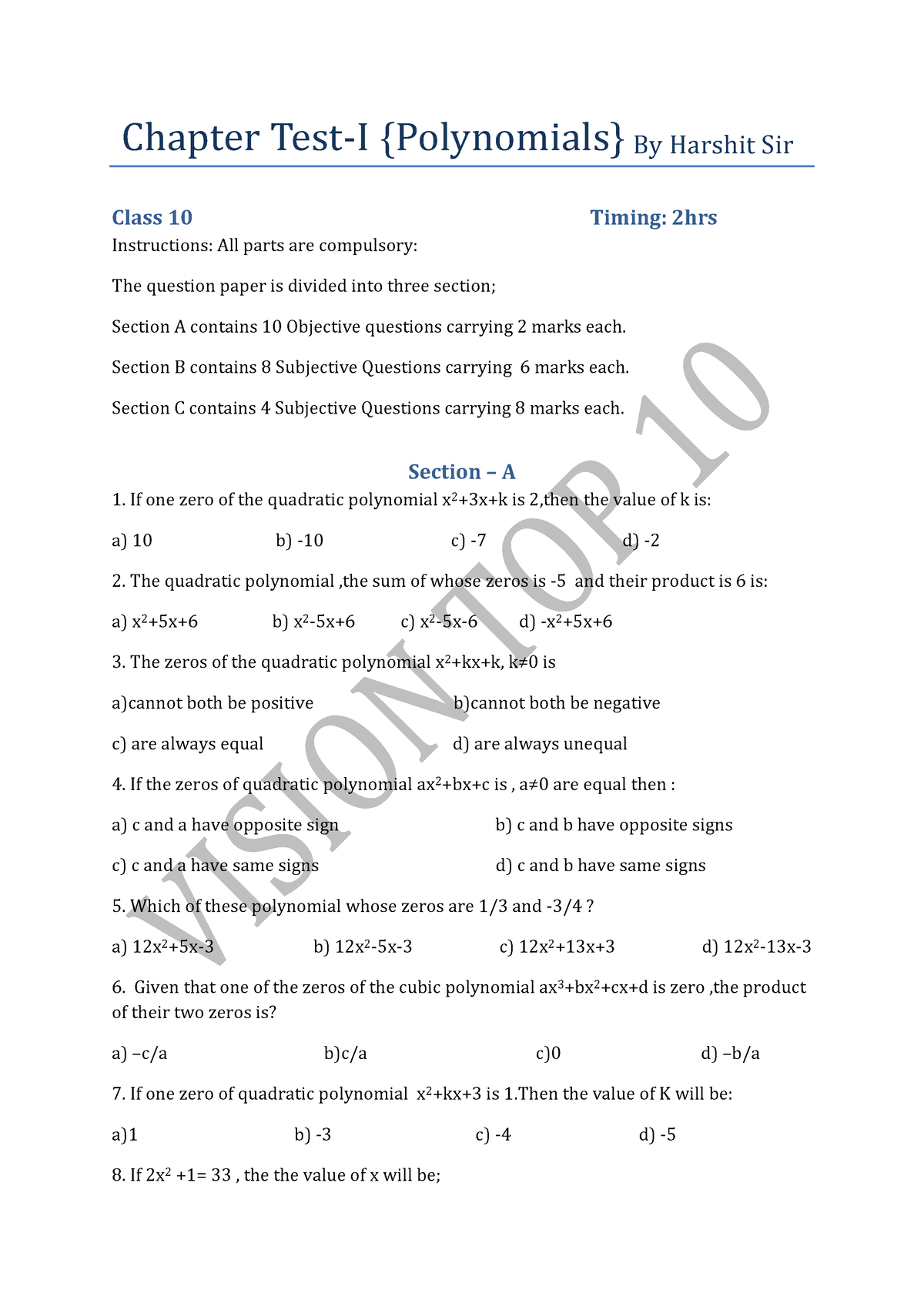 Chapter Test(Polynomial) - Chapter Test-I {Polynomials} By Harshit Sir ...