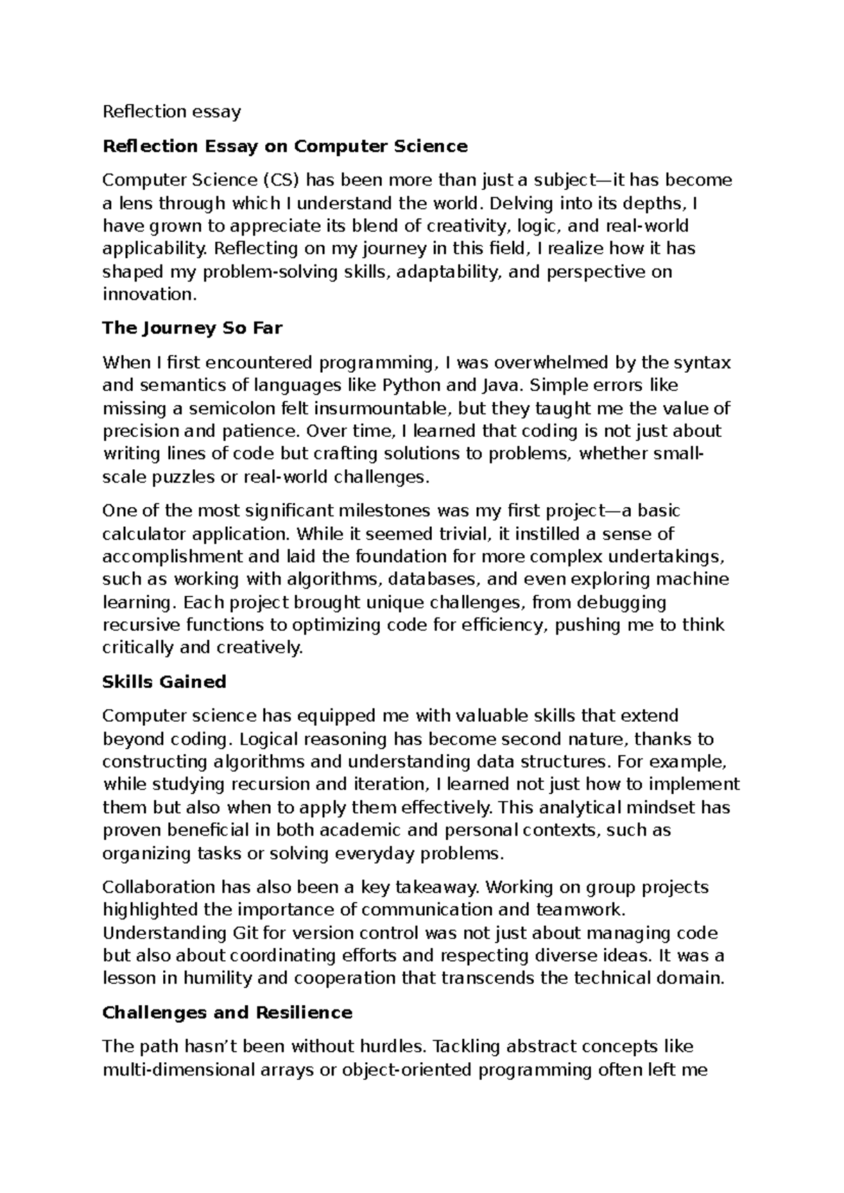 Reflection essay 1 - Reflection essay Reflection Essay on Computer ...