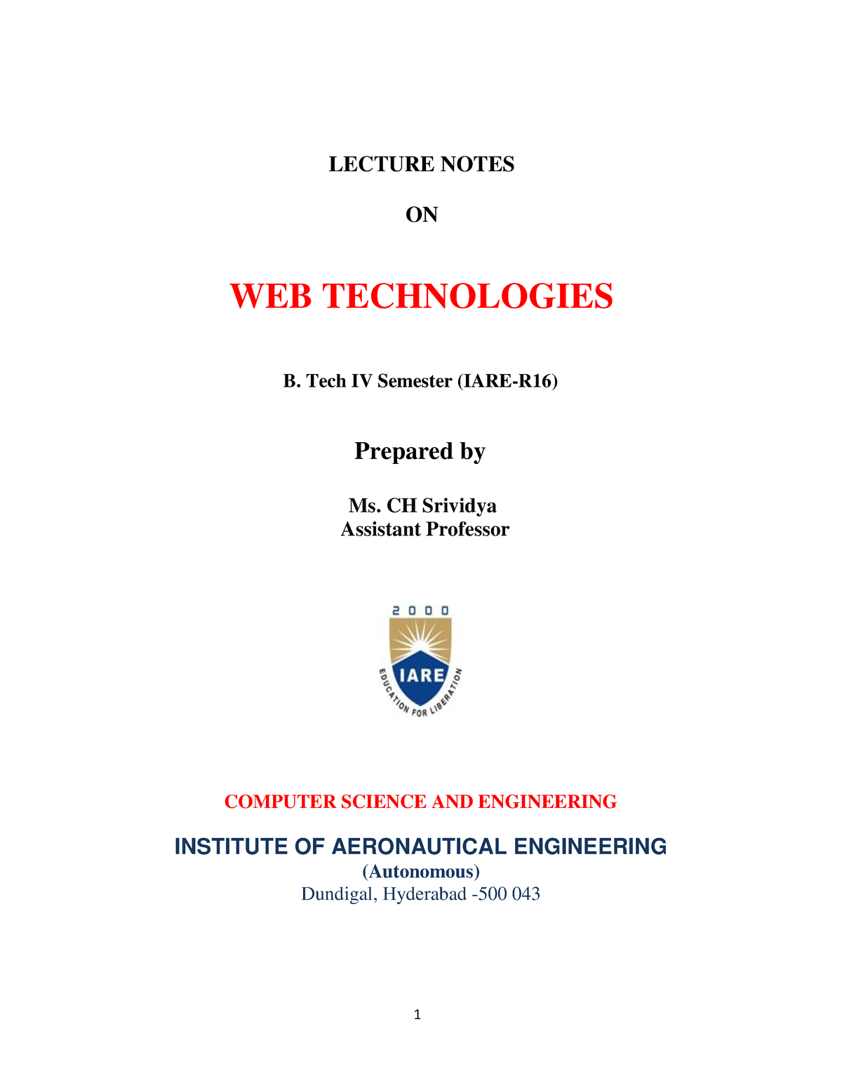 IARE WT Lecture Notes - LECTURE NOTES ON WEB TECHNOLOGIES B. Tech IV ...