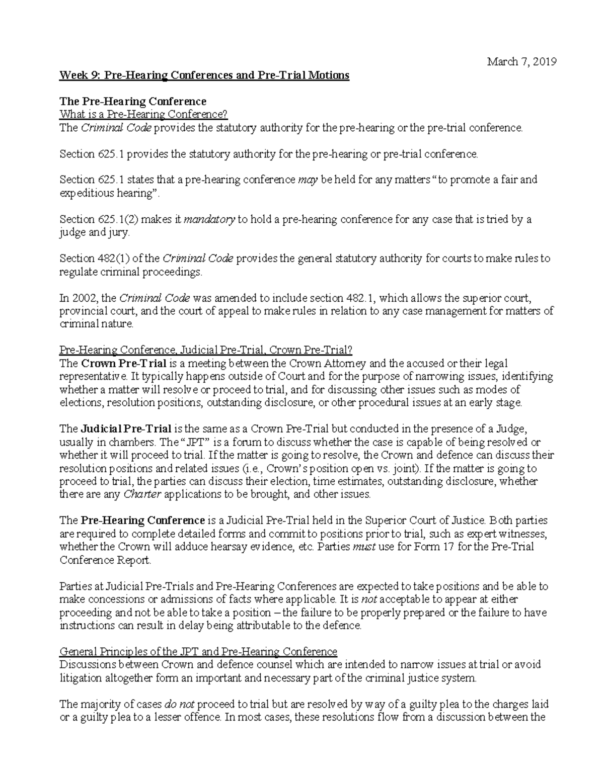 Week 9 PreHearing Conferences and PreTrial Motions Section 625