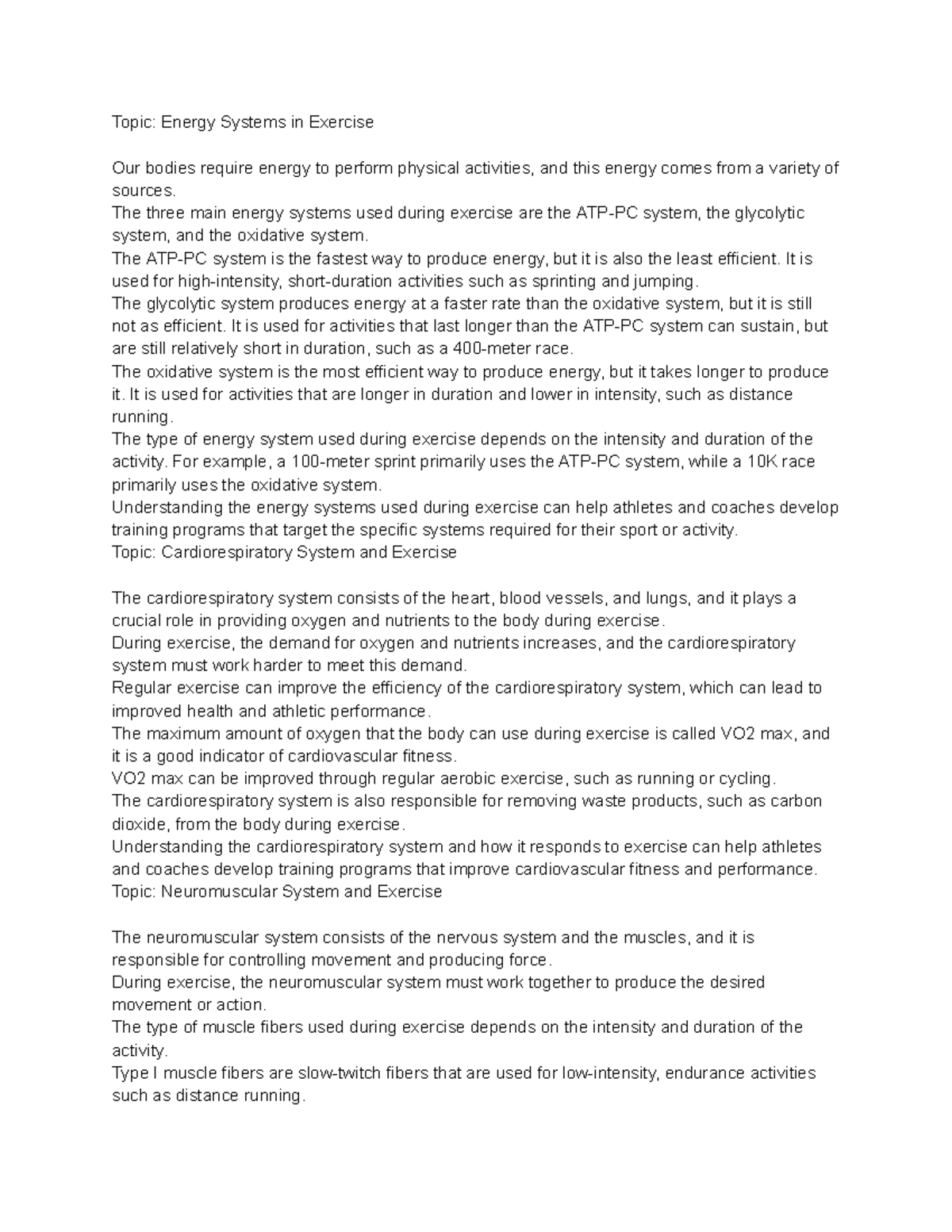 Topic Energy Systems in Exercise The three main energy systems used