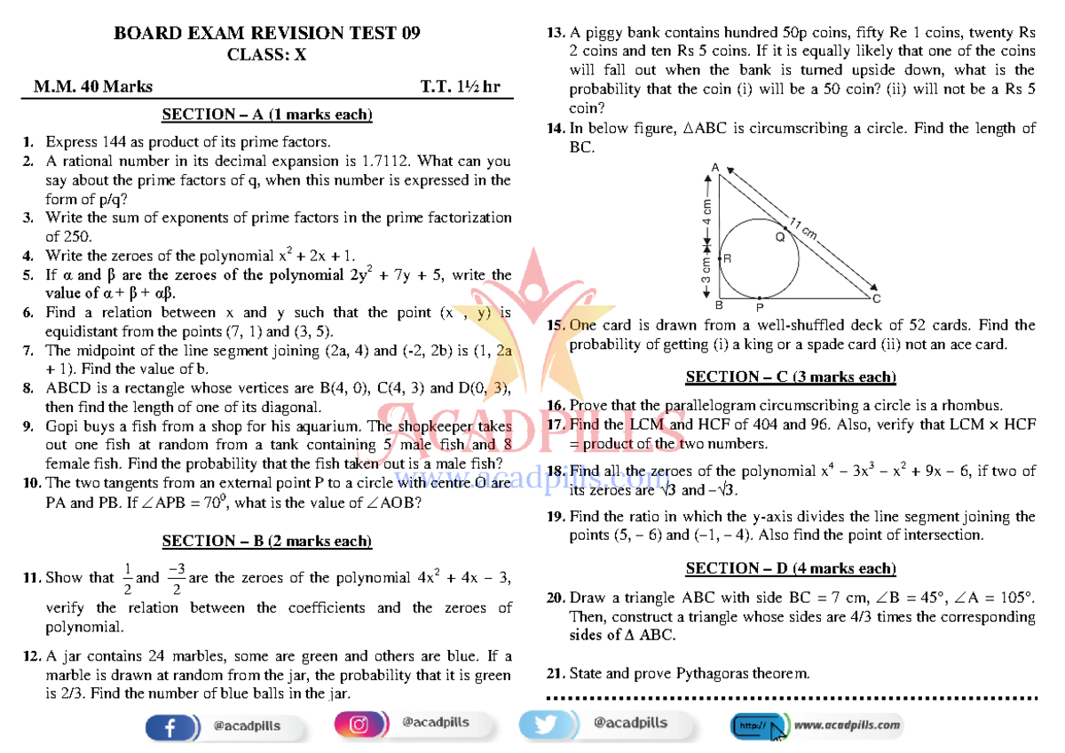 Math revision test papers 9 - BOARD EXAM REVISION TEST 09 CLASS: X M ...