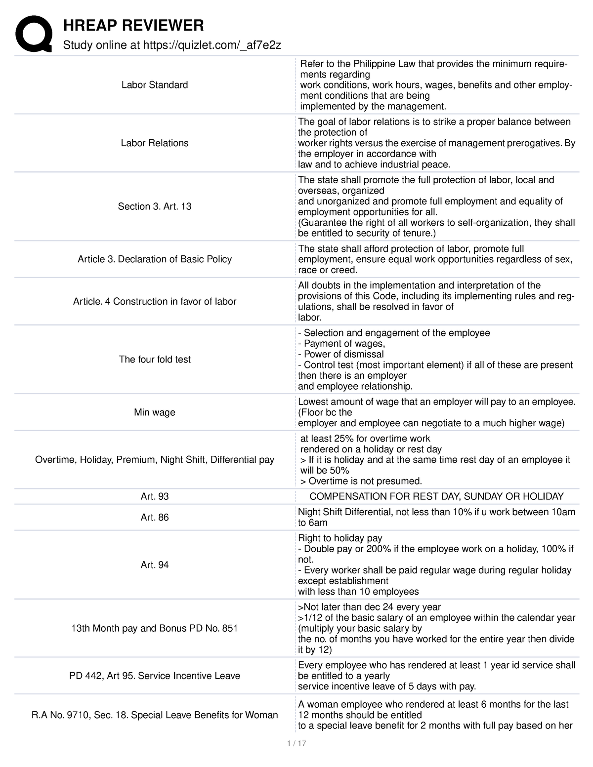 Reviewer Hreap - Study online at quizlet/_af7e2z Labor Standard Refer ...