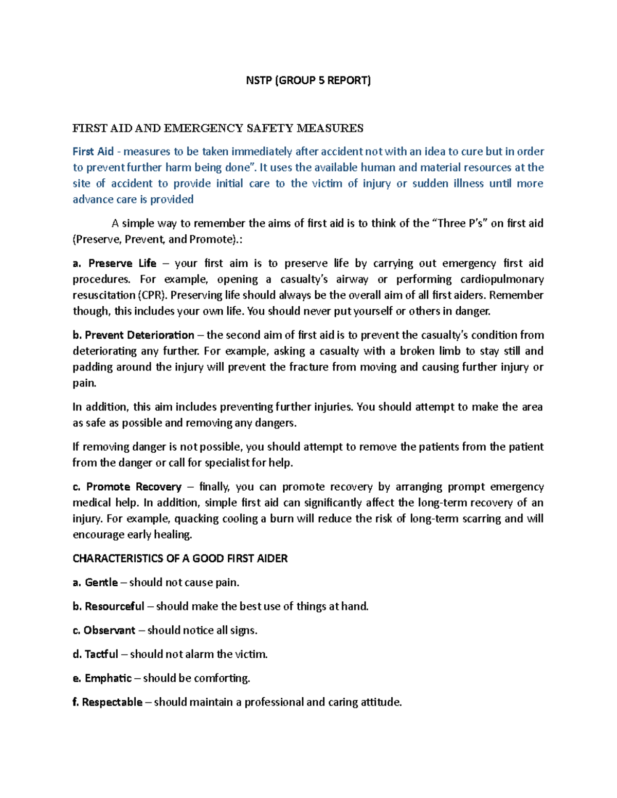 2nd Reporting NSTP Group 5 NSTP (GROUP 5 REPORT) FIRST AID AND