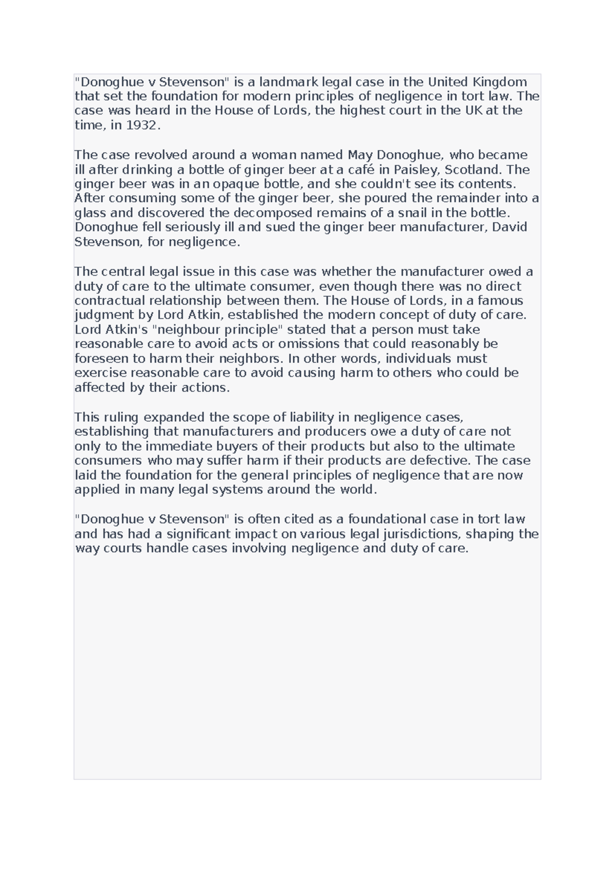 Donoghue v Stevenson - Summary of a tort example case - "Donoghue v ...