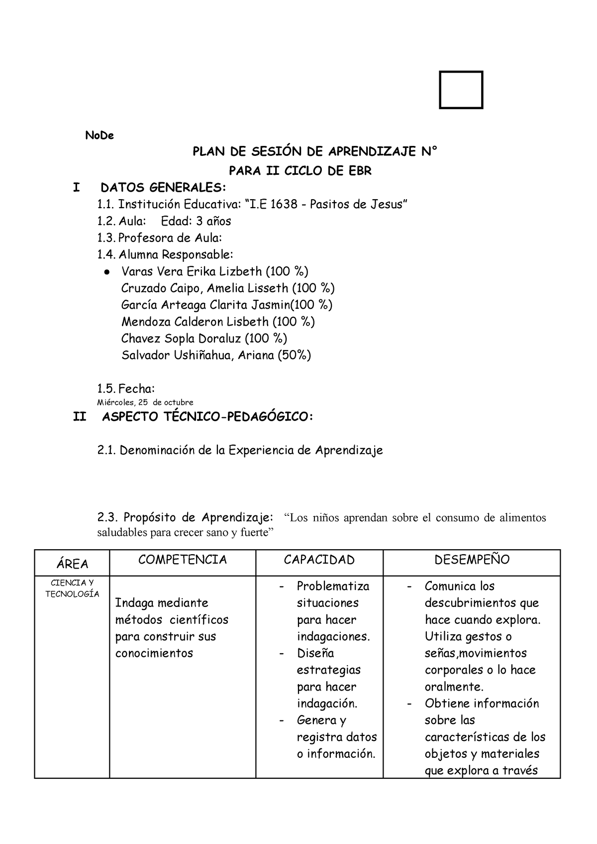 Ficha DE Sesio UCV - Grupo 7 .docx - NoDe PLAN DE SESIÓN DE APRENDIZAJE ...