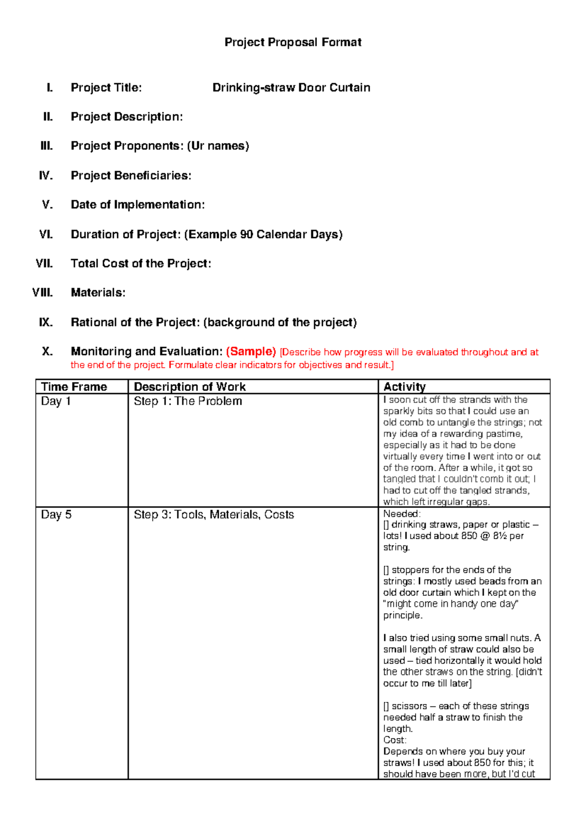 Project Proposal Format 1 - Project Title: Drinking-straw Door Curtain ...