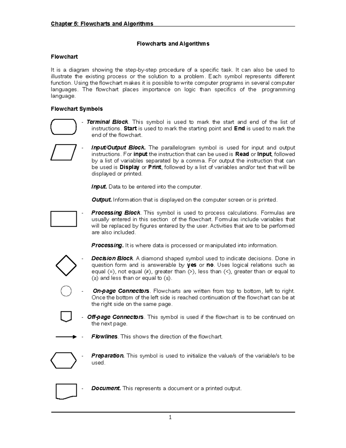 Chapter 6 - Flowcharts and Algorithms - Chapter 5: Flowcharts and ...