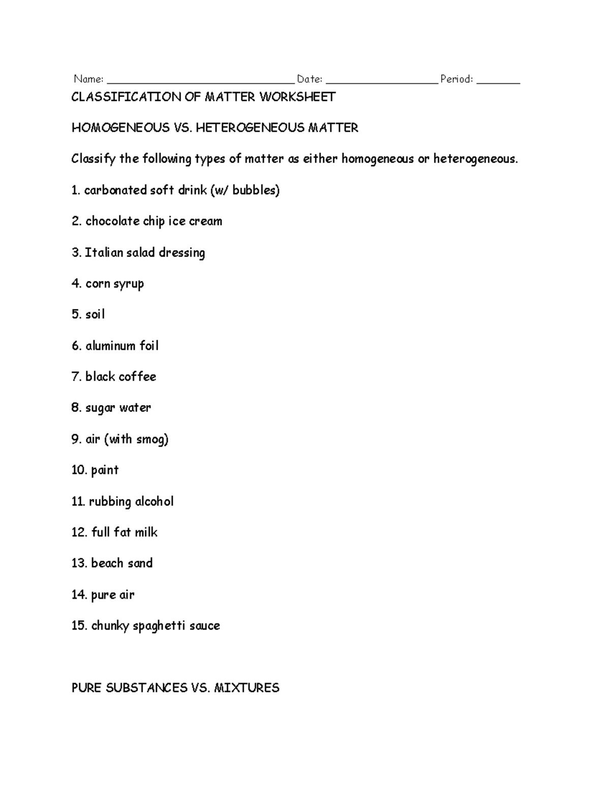 Classification OF Matter Worksheet - Name ...