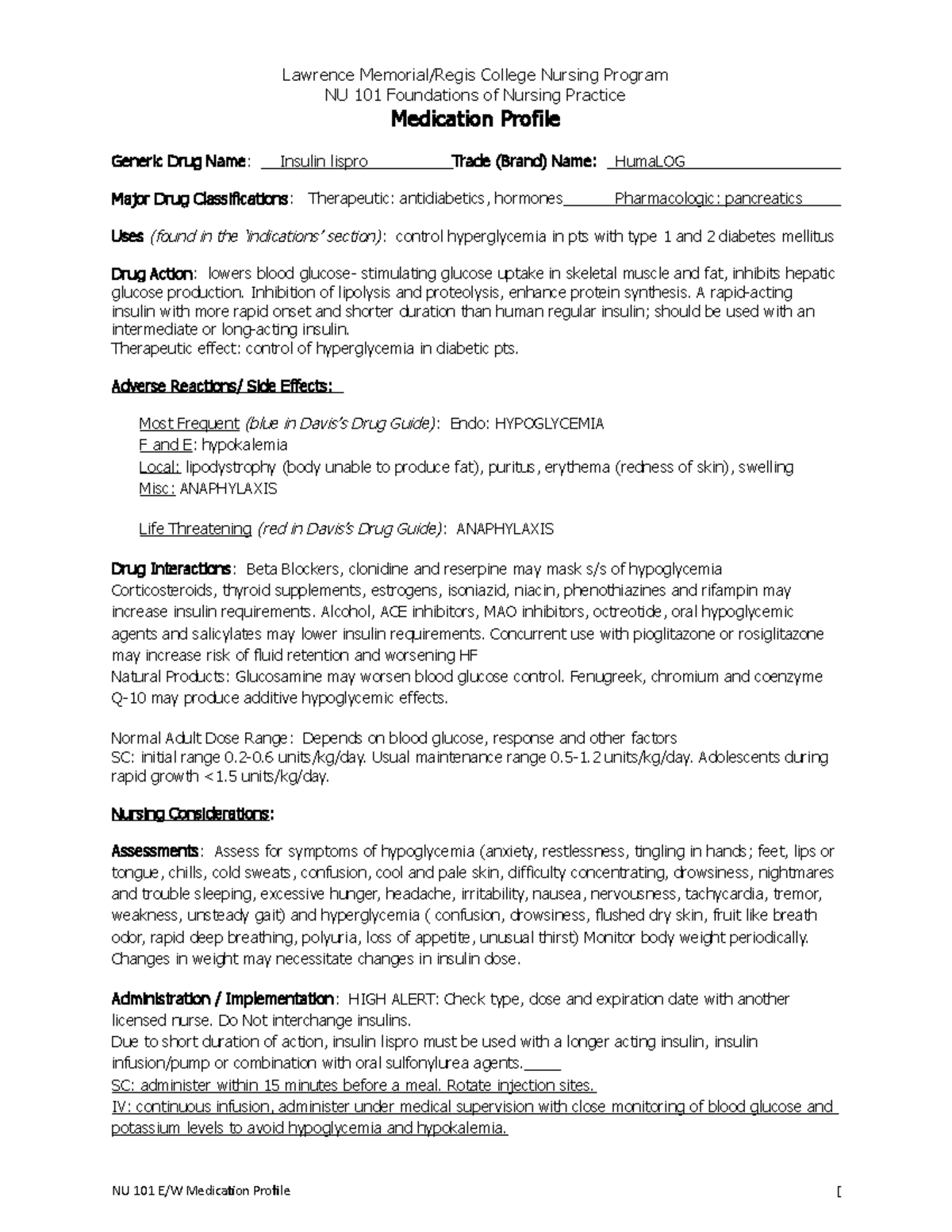 Medication Profile Humalog - Lawrence Memorial/Regis College Nursing ...